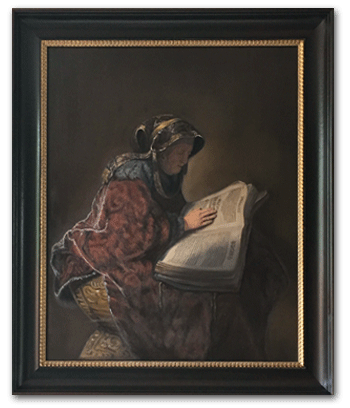 reproductie schilderij Oude lezende vrouw van Rembrandt van Rijn