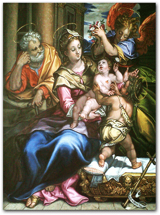 replica schilderij The holy family with the infant St. John teh Baptist and an angel van Denys Calvaert